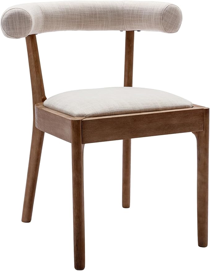 Kmax Dining Room Chairs Mid-Century Modern Fabric Kitchen Chairs with Natural Walnut Finished Frame, Linen Curved Back, Set of 6, Beige