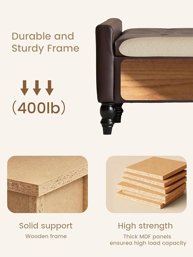 47" Storage Ottoman Bench, End of Bed Bench for Bedroom, Leather Upholstered Ottoman with Storage for Living Room, Entryway, Window (Brown)