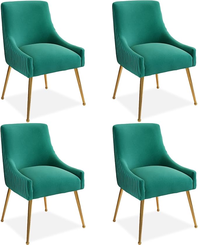 Dining Chairs, Accent Chairs Set of 4, Modern Upholstered Kitchen Dining Room Chairs with Gold Legs, Fabric Tufted Velvet Living Room Chairs for Reception Room Bedroom Guest Room (Deep Green)