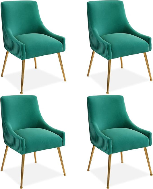 Dining Chairs, Accent Chairs Set of 4, Modern Upholstered Kitchen Dining Room Chairs with Gold Legs, Fabric Tufted Velvet Living Room Chairs for Reception Room Bedroom Guest Room (Deep Green)
