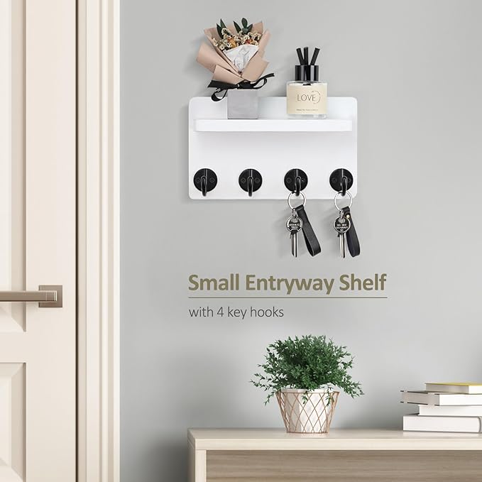 Nekon Key Holder Wall Mount, 8.5 Inch Small Home Decor Wooden Wall Organizer with 4 Hooks and Shelf, Wall Decor for Living Room Entryway Kitchen (White)