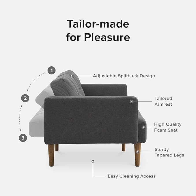 mopio Aaron 76.8" Couch, Small Futon Sofa Bed, Sleeper, Loveseat, Mid Century Modern Futon Couch, Sofa Cama, Couches for Living Room, Bedroom (Dark Grey Fabric)