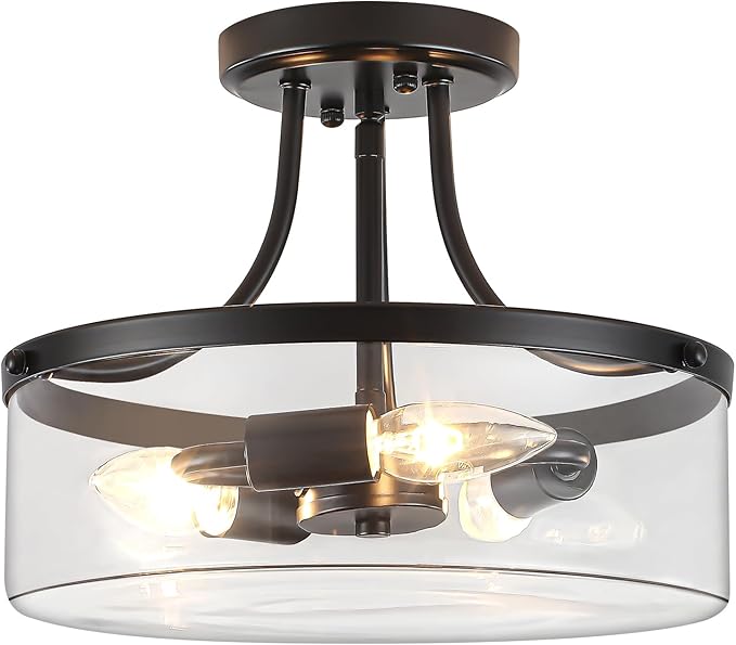 11.81" Black Semi Flush Mount Ceiling Light, Modern Glass Light Fixture, Industrial Hallway Light, 3-Light Close to Ceiling Light Fixtures for Entryway Bedroom Kitchen Laundry Dining Room, UL Listed