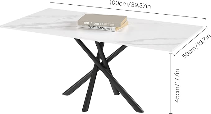 White Marble Coffee Table,Rectangle Modern Table with Sintered Stone Top and Black Metal Legs, 40 Inch Center Table for Living Room Apartment