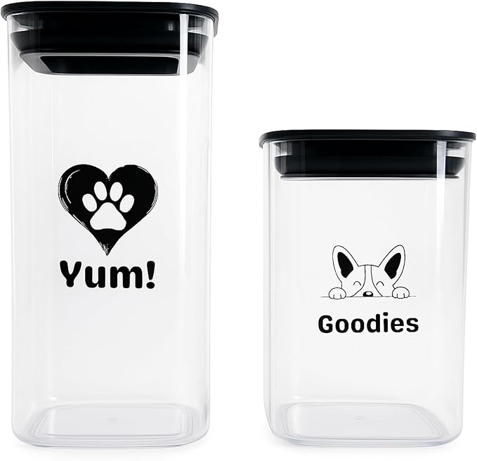 Set of 2 Dog Treat Containers Plastic – 1L & 1.4L Dog Treat Jars with Lids, Dog Treat Holder, Keeps Treats Fresh