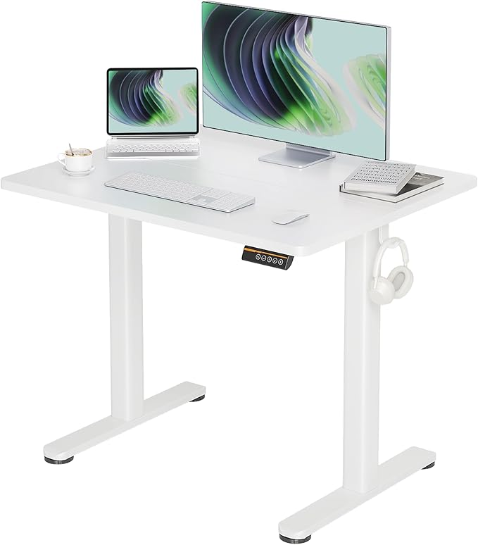Claiks Electric Height Adjustable Stand Up Desk, 35x20 Inches Sit Stand Desk for Home Office, White Top/White Frame