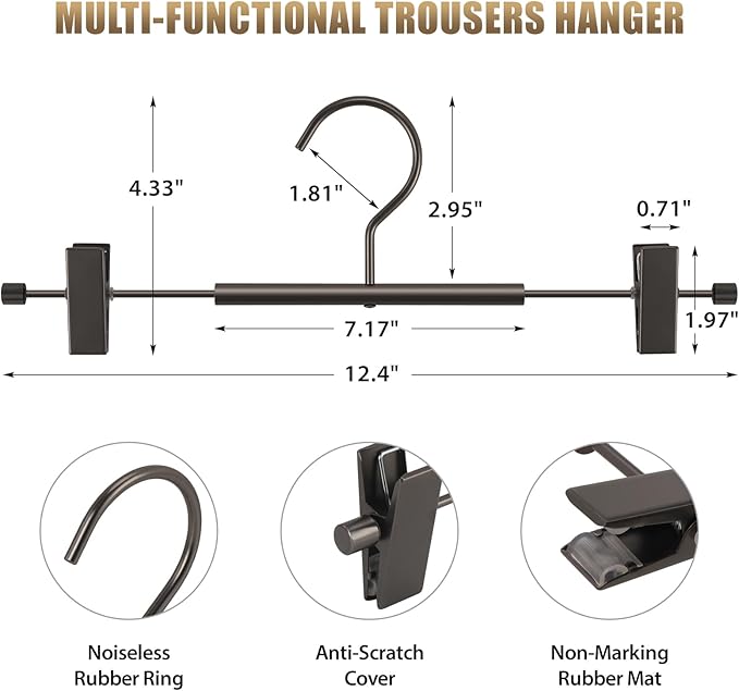 VWV 10-Pack Adjustable Women's Skirt and Pants Hangers, Durable, Space-Saving, Suitable for Jeans, Shorts, Underwear, Sports Bras (Matte Gunmetal)