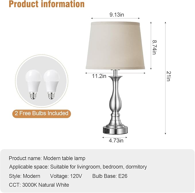 Bedside Table Lamp Touch Control Bedroom Lamps with USB A and C Charging Port 3 Way Dimmable Touch Lamps for Nightstand Living Room Bedroom Dorm Home Office Reading, Set of 2