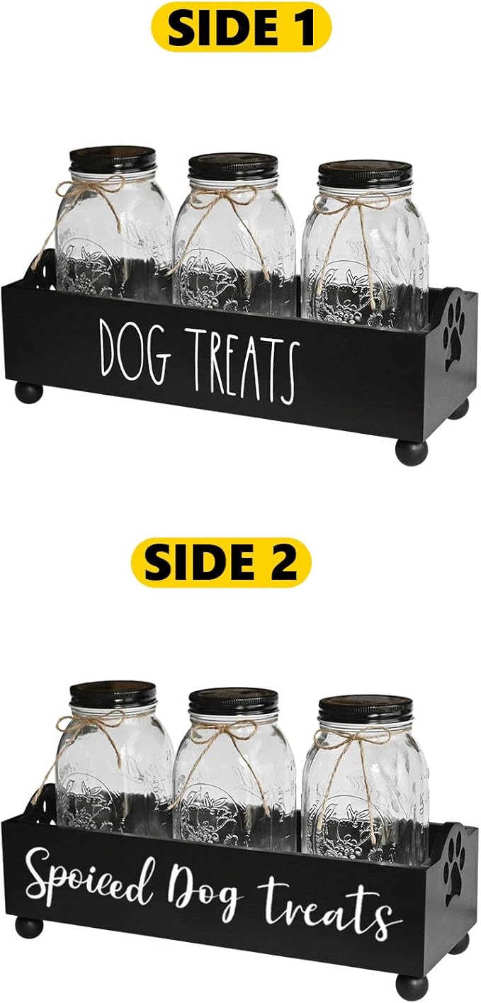 Dog Treat Container, Pet Treat Holder with Glass Jars, Farmhouse Dog Food Storage Organizer, Airtight Dog Treat Bin, Cat Dog Biscuit Dispenser, Pet Accessories (Black - 3 Glass Jars)