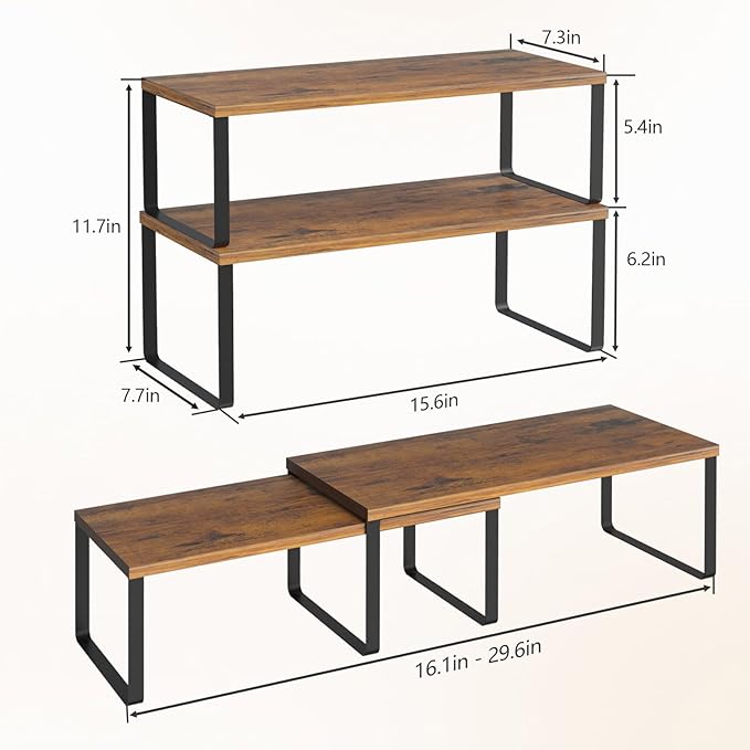 NEX Kitchen Cabinet and Counter Shelf Organizer, Stackable & Expandable, Set of 4, Black and Rustic Brown - 7.7 x 15.6 x 6.2''