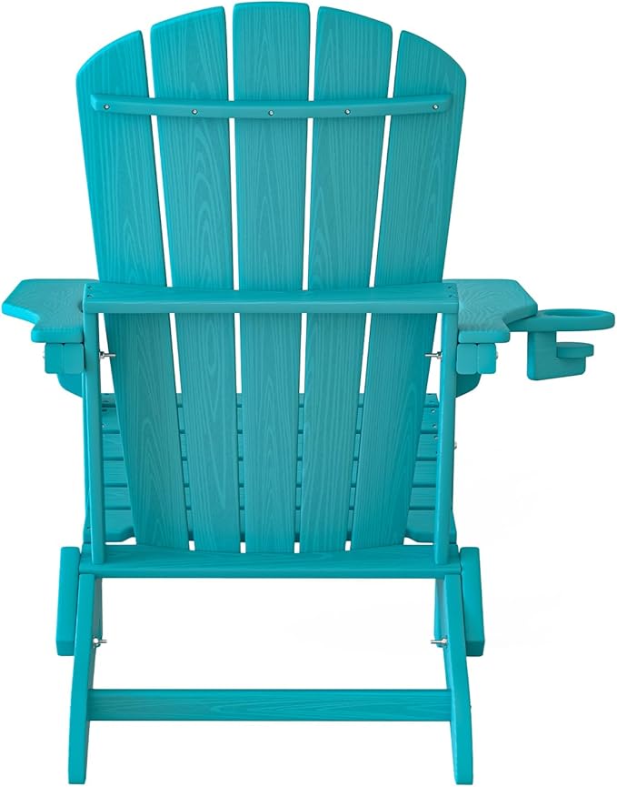 Plawdlik Folding Adirondack Chair, SGS Tested, Wooden Textured with Cup Holder, Heavy All-Weather HDPE Comfortable Set Poolside Backyard Lawn Aruba Blue Set 2