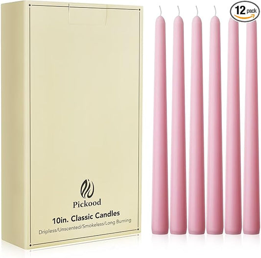 New Burning Formula Unscented Dripless 10-Inch Taper Candles Set of 12 - Pink, for Wedding, Dinner - Smokeless, Long Burning - Hand Poured, Colored Tall Candlesticks - Rosa
