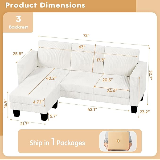 VICTONE Convertible Sectional Sofa Couch, 3 Seat L-Shaped Sofa with Linen Fabric Ottoman Small Couch for Small Apartments, Living Room and Office (Corduroy, Cream)