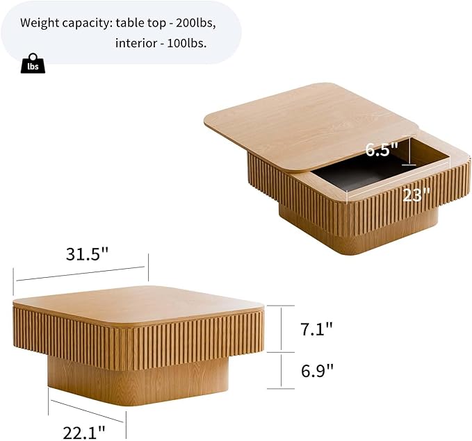 31.5'' Small Square Coffee Table with Storage, Fluted Coffee Table with Solid Wood Veneered, Mid Century Modern Wooden Center Table, Accent Tea Table for Small Space Living Room Apartment, Natural