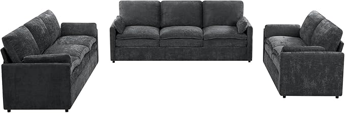 3 Pieces Chenille Sofa Set w/Arm Pillows, Upholstered Loveseat & 2 Pieces 3 Seater Sofa w/Comfortable Back Cushions, Modern 2-Seat & 3-Seat w/High-Density Foam for Living Room, Grey