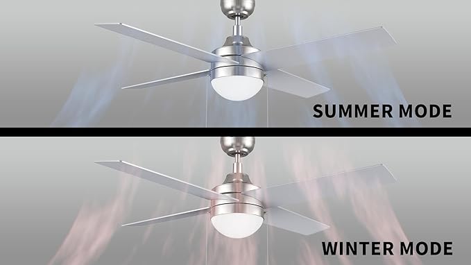 CEME 52" Ceiling Fan with Light Low Profile, DC 5 Speeds Silent Ceiling Fan with Remote, 5 Dual Finish Blades, 3 Light Colors Dimmable LED for Bedroom Room,Silver