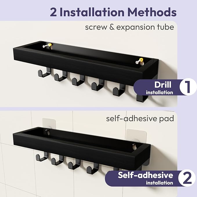 SWTYMIKI Key Holder Wall Mount - Wooden Key Hooks for Wall with Mail Organizer & 6 Hooks, 2 Installation Ways Key Hanger, Key Rack with Shelf for Entryway Living Room Bedroom Office Home Decor Black