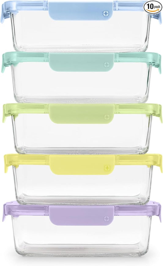 Ello Color Lock 5 Cup 10PC, 5 Pack Glass Meal Prep Sets Leak-Proof Glass Food Storage Containers with Airtight BPA-Free Plastic Lids, Dishwasher, Microwave, and Freezer Safe, Purple Rain