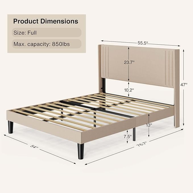 Gizoon Full Bed Frame with Wingback Headboard, Upholstered Platform Bed with Modern Geometric Headboard, Wooden Slats, Noise-Free, No Box Spring Needed