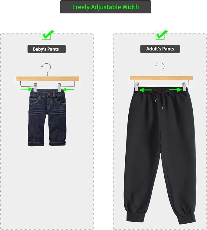 Nature Smile Deluxe Wooden Pants Hangers,Solid Lotus Wood Jeans Skirt Hanger with Clips Anti-Rust Hook Pack of 28（Natural）