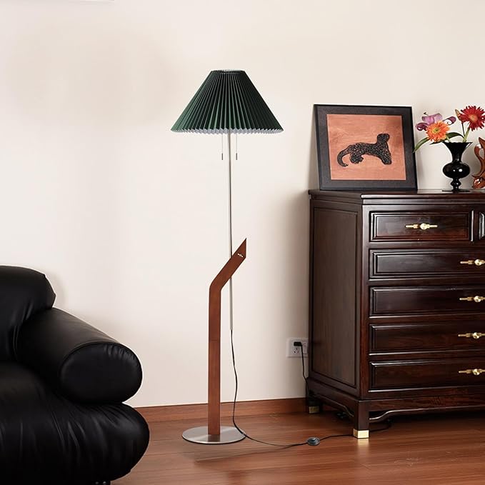 Floor Lamps for Living Room,Mid Century Modern Wood Large Floor Lamp,Height Adjustable Study Room,Bedroom,Office Tall Standing Floor Lamp,Green Pleated Lampshade