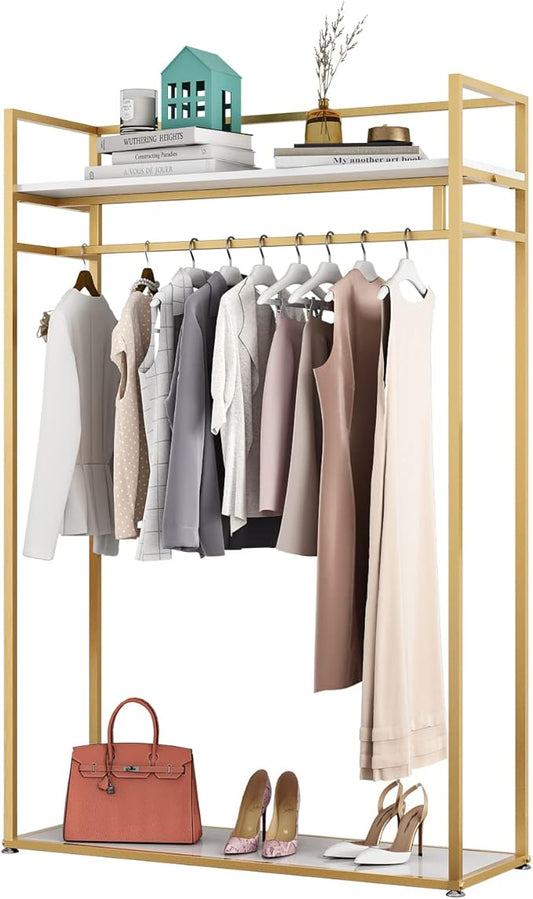 Heavy Duty Clothing Rack with Shelves for Hanging Clothing, Gold Metal Freestanding Garment Rack for Retail Display (47.24" L)
