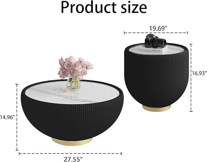 Round Coffee Table Set with Sintered Stone Tabletop, 27.56" Black Drum Center Table and 19.69" Black Coffee Table Set, 2 Pieces Living Room Table Set with Fluted PU Leather Cover& Metal Base