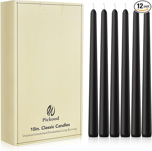 New Burning Formula Unscented Dripless 10-Inch Taper Candles Set of 12 - Black, for Wedding, Dinner - Smokeless, Long Burning - Hand Poured, Colored Tall Candlesticks - Negro