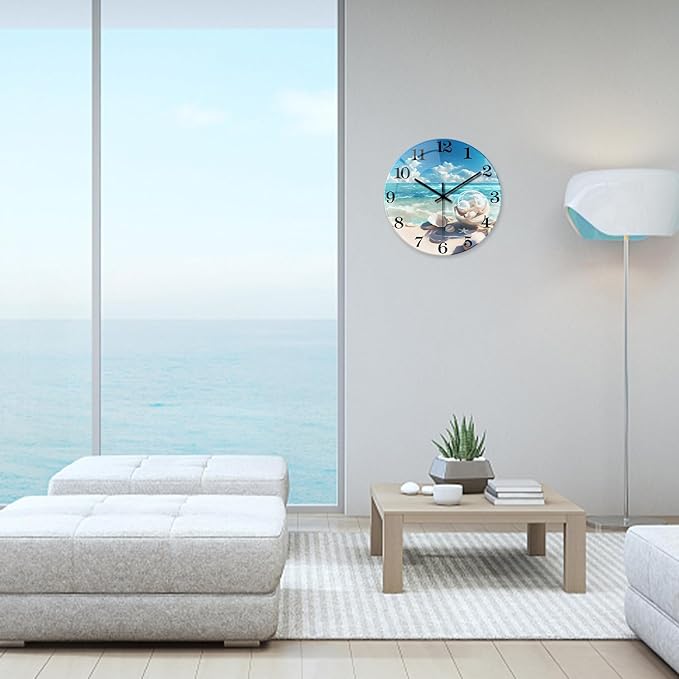 XNM Beach Analog Glass Wall Clocks Battery Operated 14 Inch Blue Clock for Kitchen Round Silent Wall Clock Decorative