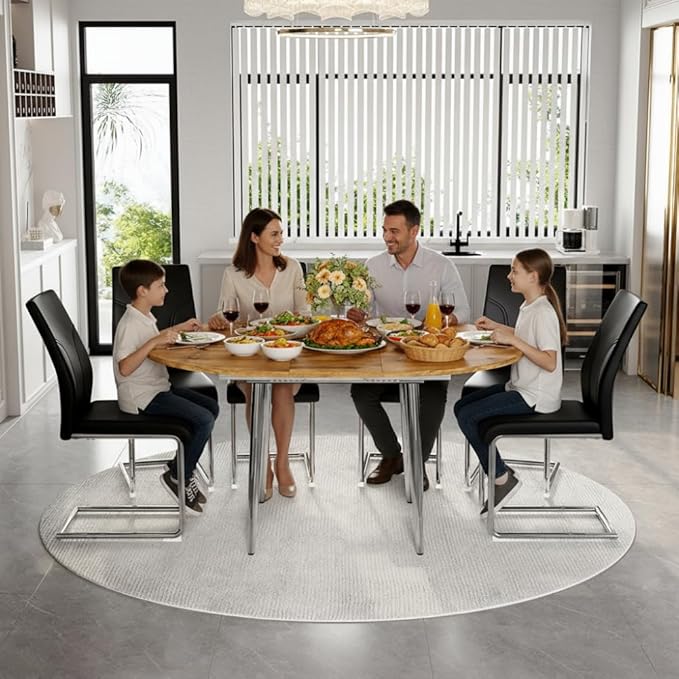 42" Round Dining Table for 4, 54" Oval Dining Table for 6, Extendable Kitchen & Dining Room Table with Metal Legs, Modern Rustic Space-Saving Adjustable Shape Dinner Table, Easy Assembly,Oak