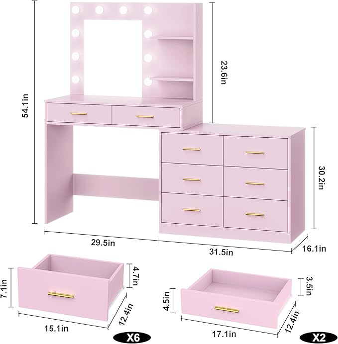GarveeHome 61" Make up Vanity Desk with Mirror and Lights, Pink Vanity with 8 Wide Storage Drawers & 2 Tier Shelves, 3 Lighting Modes with Adjustable Brightness for Bedroom