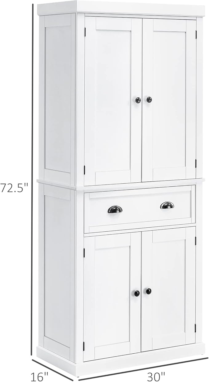 HOMCOM 72.5" Kitchen Pantry Cabinet, Traditional Freestanding Storage Cabinet with 4 Doors, Drawer and 3 Adjustable Shelves for Dining Room, White