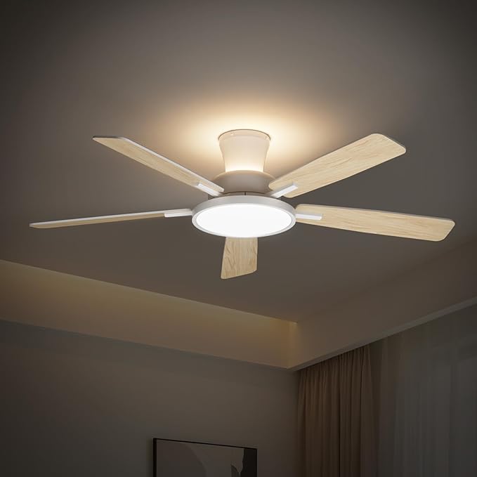 TALOYA Ceiling Fans with Lights and Remote, 52 inch Low Profile Ceiling Fan with Nightlight, Flush Mount, Reversible, 3CCT, Dimmable White Modern Ceiling Fan for Bedroom, Living Room, Outdoor Patio