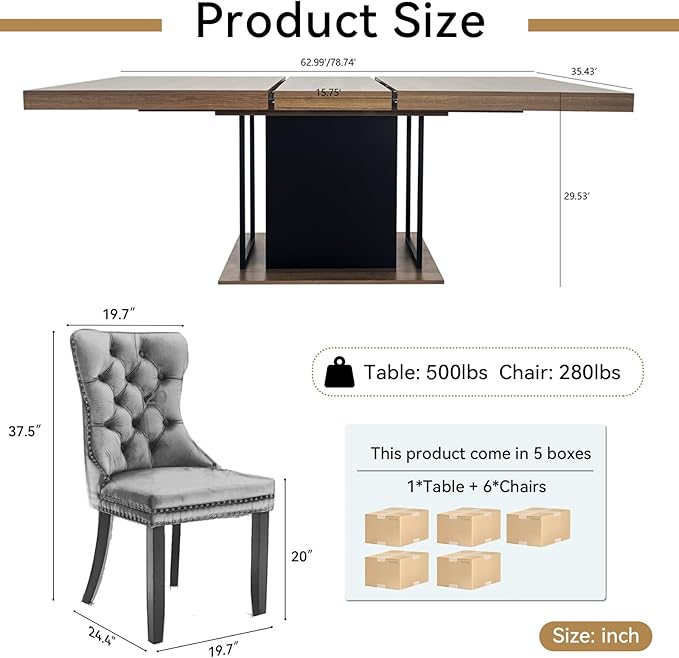 Goujxcy 78.7" Farmhouse Extendable Dining Room Table Set for 6, 7-Piece Rectangle Kitchen Dining Room Table Set with Wood Base and 6 Blue Velvet Dining Chairs, Extending Kitchen & Dining Table Set