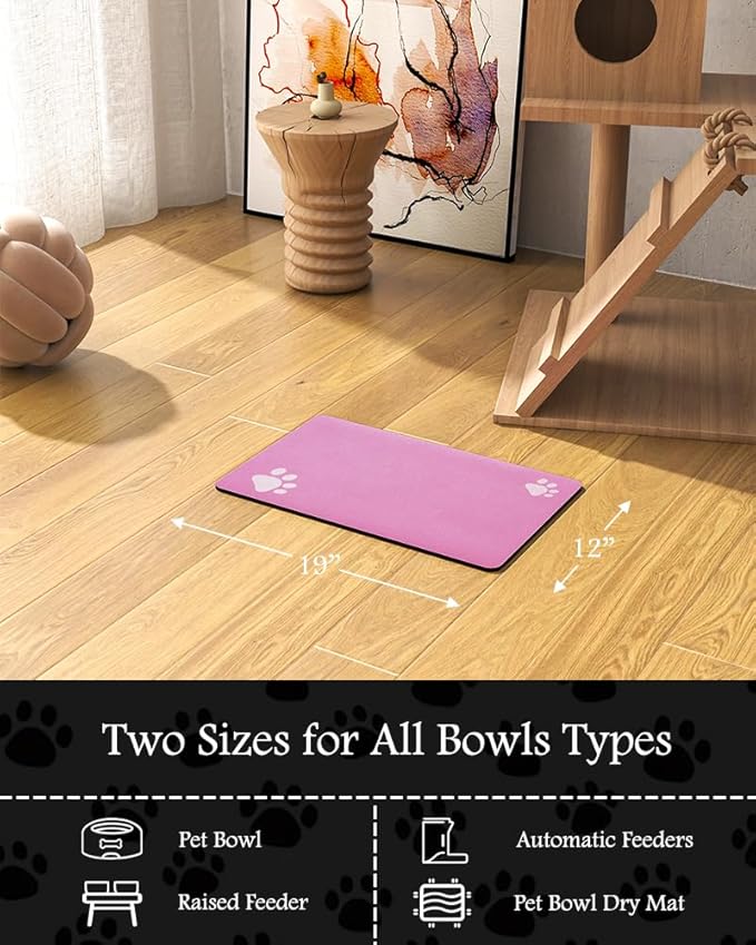 Pet Feeding Mat-Absorbent Dog Mat for Food and Water Bowl-No Stains Quick Dry Water Dispenser Mat-Dog Accessories Pet Supplies-Bowl for Messy Drinkers（BRIGHTPINK,12"x19"