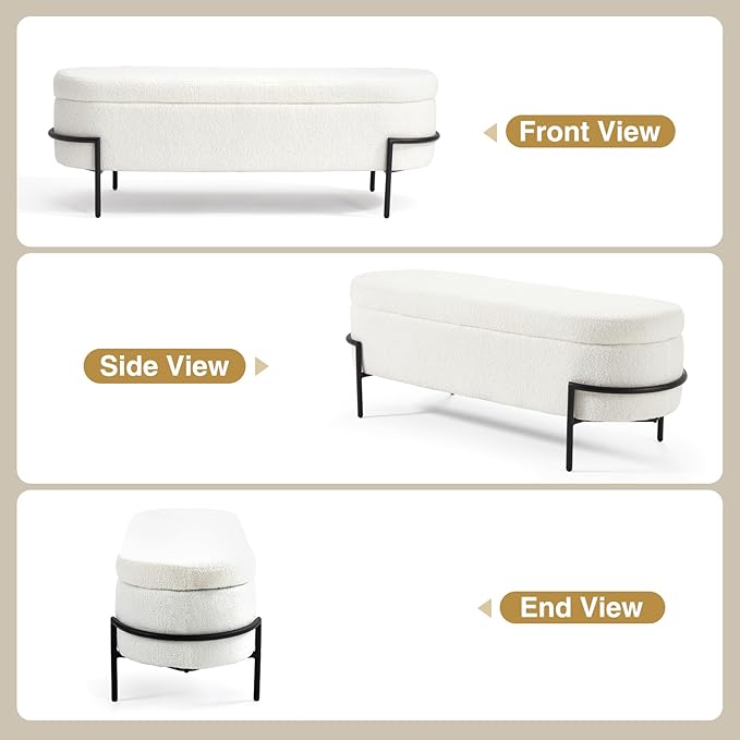 Sherpa Storage Ottoman Bench for Bedroom, White End of Bed Bench with Storage, Upholstered Boucle Storage Bench with Metal Stand and Hinges, Oval Ottoman for Living Room, 52 Inch