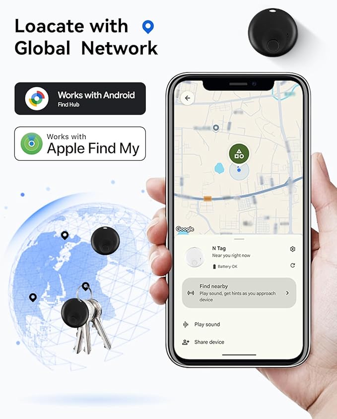Air-Tag 4 Pack Item Finders with Apple Find My APP (Android Compatible) Air Tags Help You Track Your Keys, Wallet, Luggage, Backpack, Super Lightweight, Comes with 4 Beautiful Keyrings