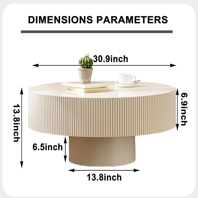 Round Coffee Table, Handcrafted Fluted Drum Coffee Tables Modern Wood Coffee Table Circle Drum Center Table for Living Room, Apartment (White Thick)