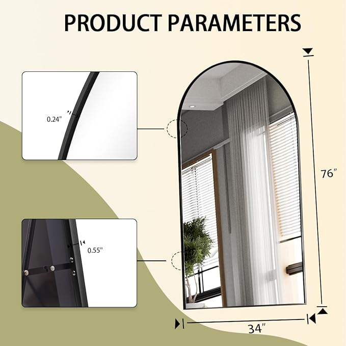 BEAUTYPEAK Arch Mirror Full Length, 76"x34" Wall Mirrors, Oversized Full Body Floor Mirror, Aluminum Alloy Frame for Bedroom, Dressing Room, Black