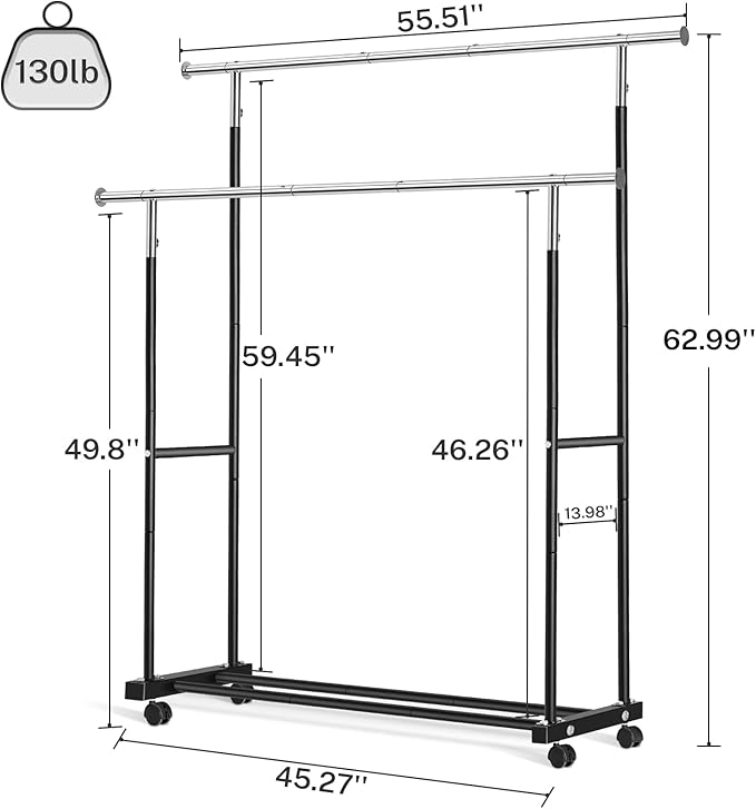 Double Clothing Rack, 130LB Capacity Heavy Duty Garment Rack with Wheels and Bottom Shelf, 55.51 Inch Long Rolling Clothes Racks for Hanging Clothes, Black