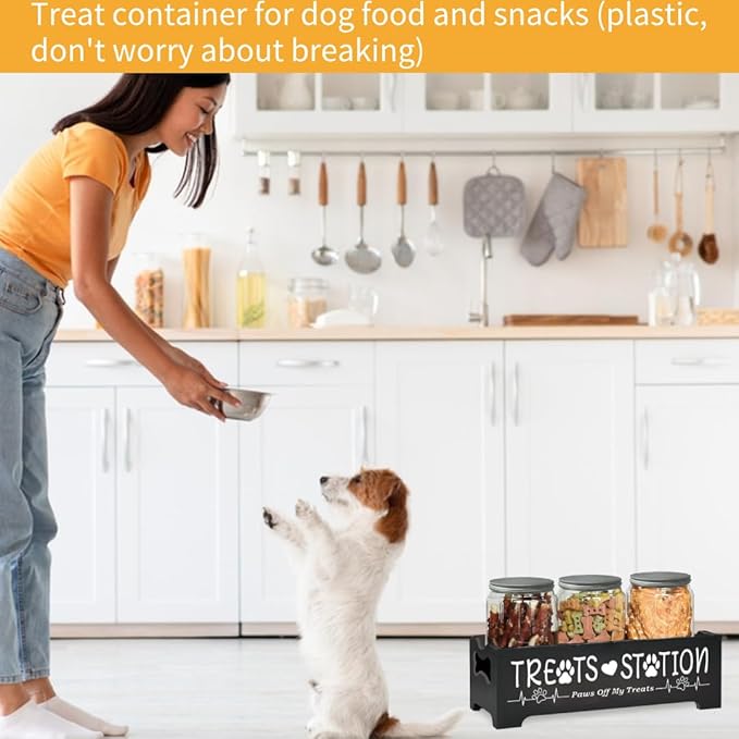 Dog Treat Container,Airtight Dog Food Storage Container with 3 Jars, Farmhouse Wood Dog Treat Jars, Pet Food Storage Containers for Dog, Cat or Small Animals(Black)