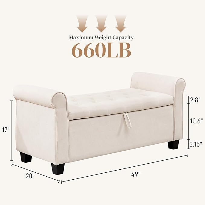 End of Bed Storage Bench for Bedroom, 49" Upholstered Storage Ottoman with Rolled Arms, Rivet Polyester Fabric Ottoman Bench for Bedroom, Living Room, Window, Entryway, Beige