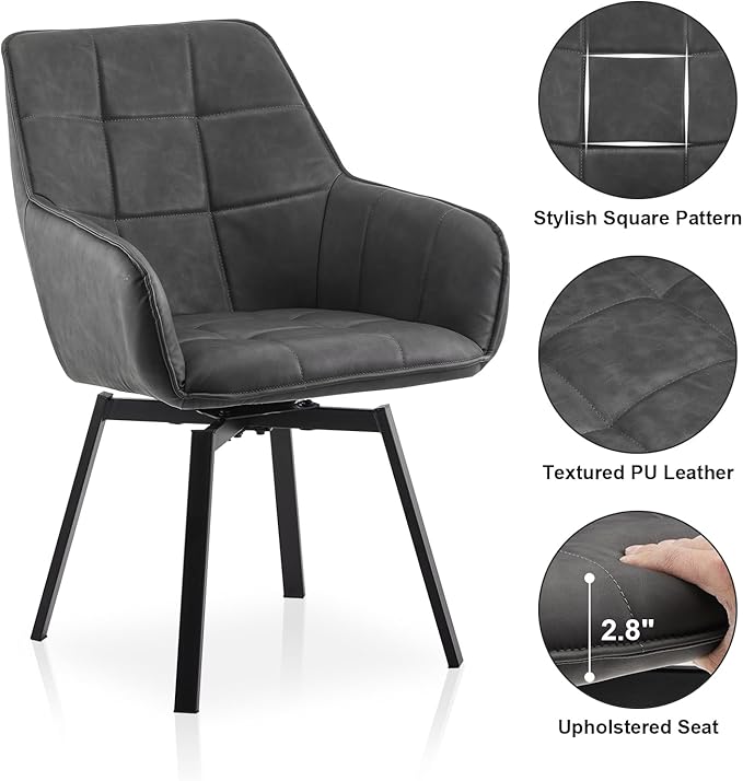 TUKAILAi Modern Swivel Armchairs Set of 6, Faux Leather Upholstered Accent Dining Chairs with Metal Legs, Rotatable Desk Chair for Home Office Kitchen Vanity Guest Reception Restaurant (Grey)