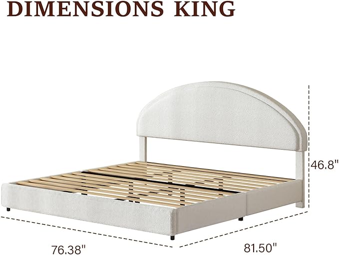 King Size Bed Frame with Round Headboard, Boucle Upholstered Bed with Round Headboard, Soft Arch Shaped Modern Style, No Box Spring Required, Easy Assembly, White