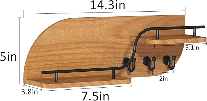 Modern Decorative Key and Mail Holder with 2 Floating Shelves, Wood Wall Mounted Key Organizer with 3 Metal Hooks for Home Entryway, Brown