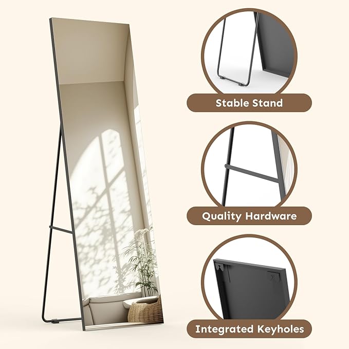 Kosmonia 65x24 Frameless Full Length Silver Coating Mirror w/Distortion Free, HD Reflection &Anti Desilvering, Tempered Glass & Shatter Proof Film Doubling Safety, Easy Setup w/Stand, Wall/Standing