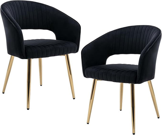 Modern Velvet Dining Chairs Set of 2, Upholstered Gold Dining Room Chairs with Hollow Back, Accent Armrest Kitchen Chairs with Gold Legs for Living Room Reception Black