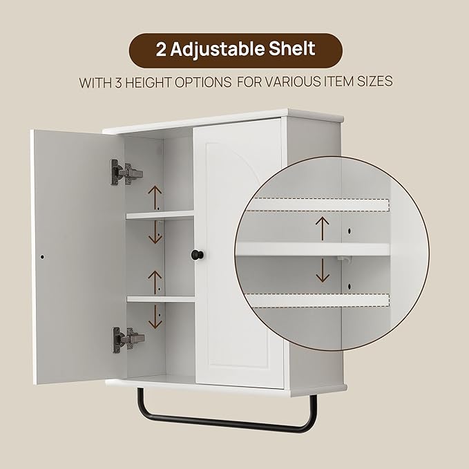 Bathroom Storage Cabinet with Adjustable Wood Shelves, Unique Arched Groove Design On The Door, Wall Mounted with Towels Bar, Over The Toilet Storage Cabinet with DTC Silent Buffering Hinge