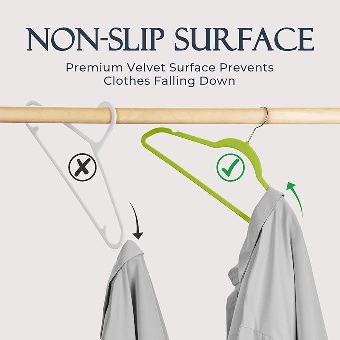 HOUSE DAY Vibrant Green Velvet Hangers 60 Pack, Non Slip Clothes Felt Hanger Heavy Duty for Coat, Premium Slim Space Saving Suit Hangers for Closet Organizer, 360° Rotating Silver Hook