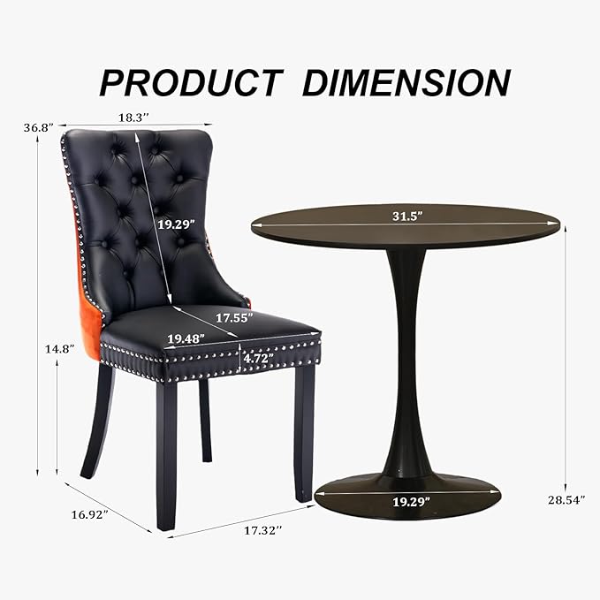 SoarFlash Kitchen Table and Chairs for 2, 31.5" Dining Table Set for 2 with Leather Upholstered Chairs, 3 Piece Round Kitchen Table Set, Dining Room Table Set for Small Space, Apartment, Black/Orange